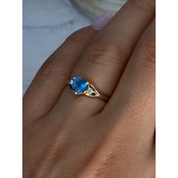 10K Yellow Gold Blue Topaz Heart & Diamonds Ring Size 7