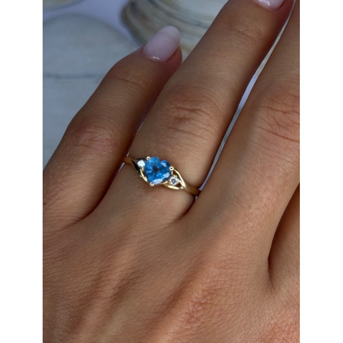 10K Yellow Gold Blue Topaz Heart & Diamonds Ring Size 7