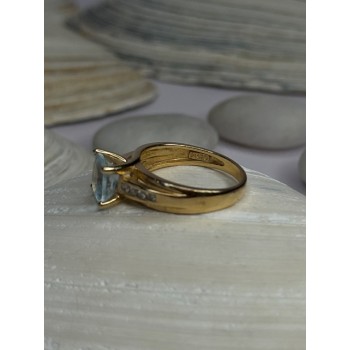 14K Yellow Gold Aquamarine & Diamonds Ring Size 5