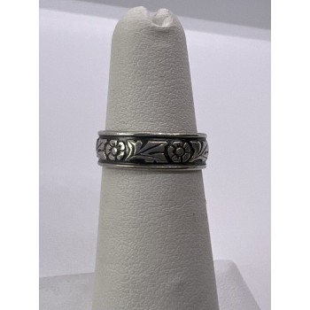 925 Sterling Silver Band Flower Pattern Ring Size 4