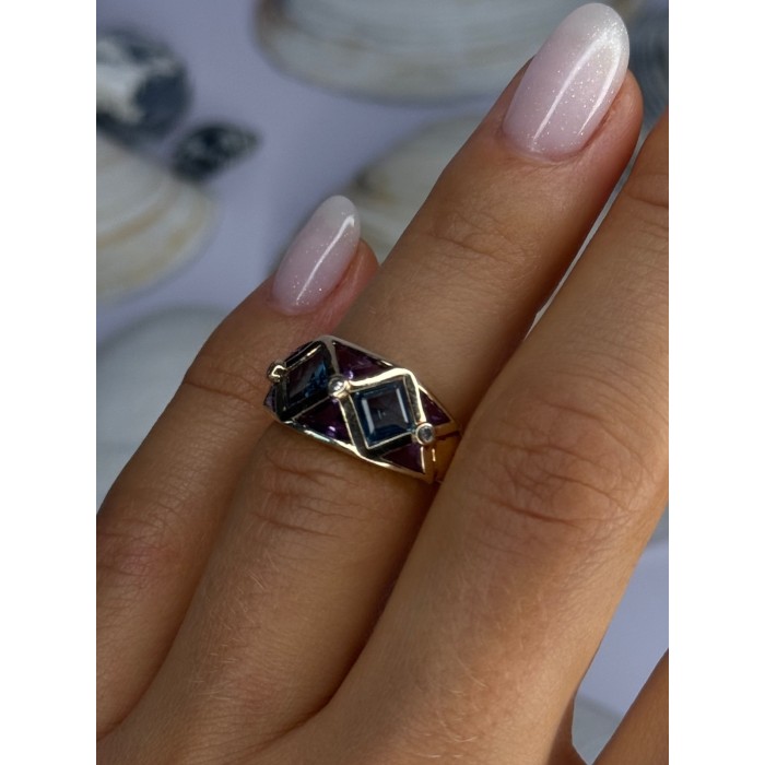 14K Yellow Gold Topaz & Amethyst & Diamond Ring Size 6