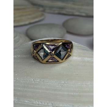 14K Yellow Gold Topaz & Amethyst & Diamond Ring Size 6