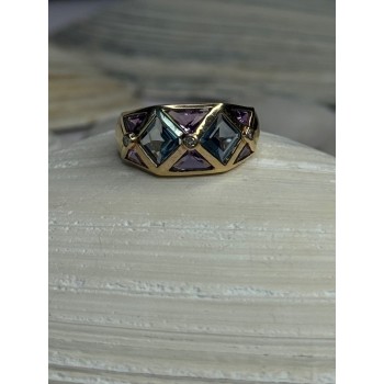 14K Yellow Gold Topaz & Amethyst & Diamond Ring Size 6