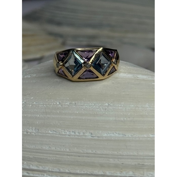 14K Yellow Gold Topaz & Amethyst & Diamond Ring Size 6