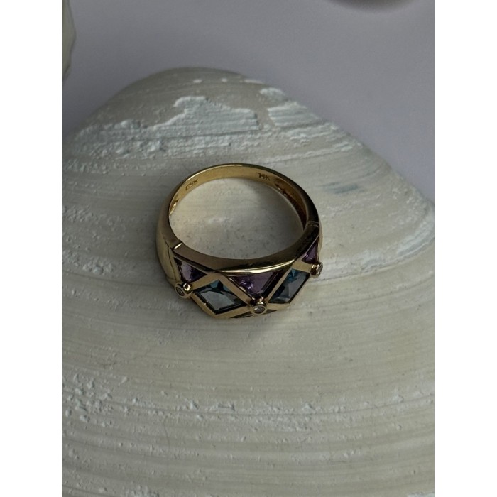 14K Yellow Gold Topaz & Amethyst & Diamond Ring Size 6