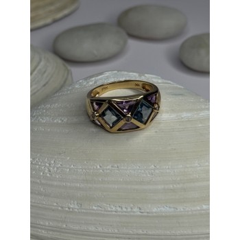 14K Yellow Gold Topaz & Amethyst & Diamond Ring Size 6