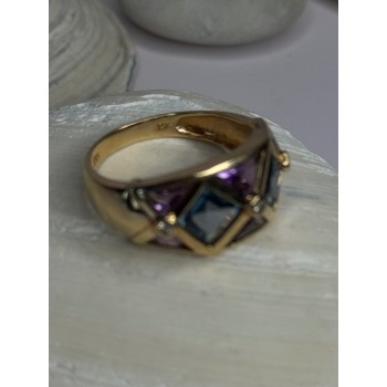 14K Yellow Gold Topaz & Amethyst & Diamond Ring Size 6