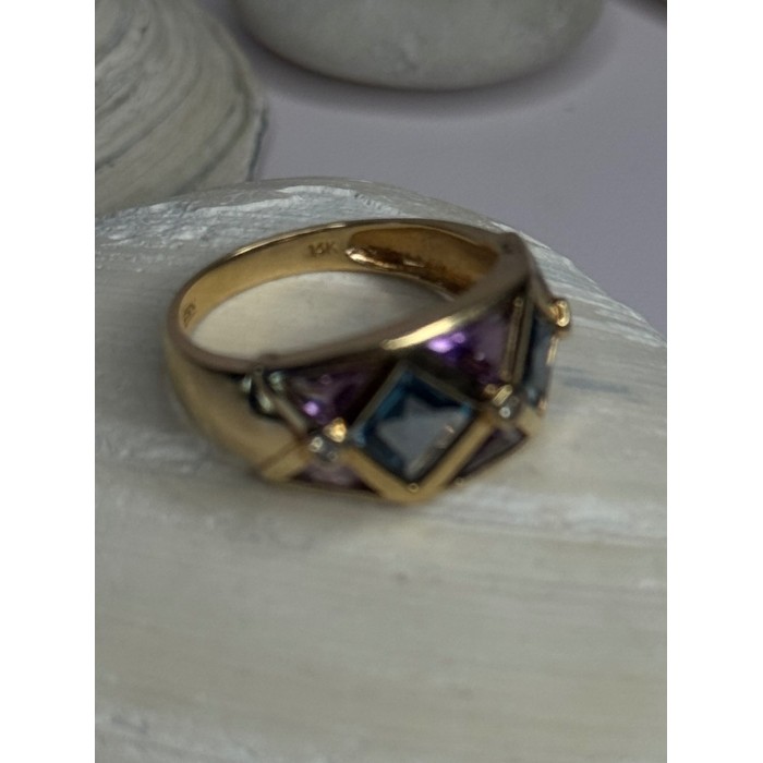 14K Yellow Gold Topaz & Amethyst & Diamond Ring Size 6