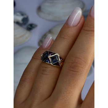 14K Yellow Gold Topaz & Amethyst & Diamond Ring Size 6