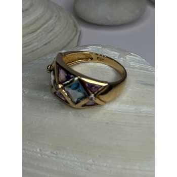 14K Yellow Gold Topaz & Amethyst & Diamond Ring Size 6