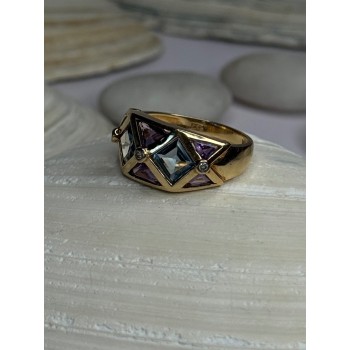 14K Yellow Gold Topaz & Amethyst & Diamond Ring Size 6