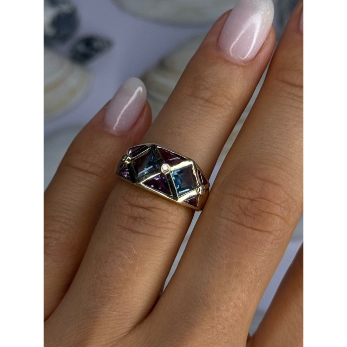 14K Yellow Gold Topaz & Amethyst & Diamond Ring Size 6