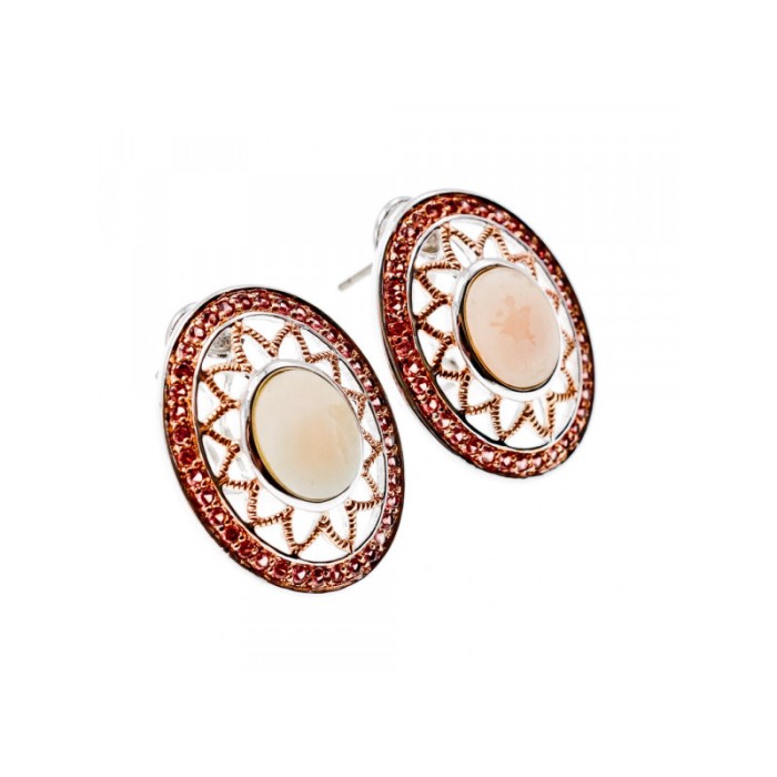 925 STERLING SILVER MOTHER OF PEARL & HESSONITE EARRINGS