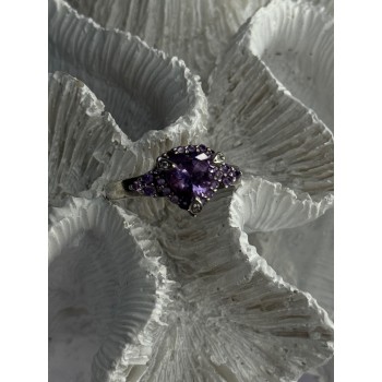 925 Sterling Silver Amethyst & Diamond Heart Ring Size 8.5