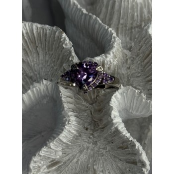 925 Sterling Silver Amethyst & Diamond Heart Ring Size 8.5