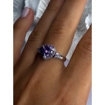 925 Sterling Silver Amethyst & Diamond Heart Ring Size 8.5
