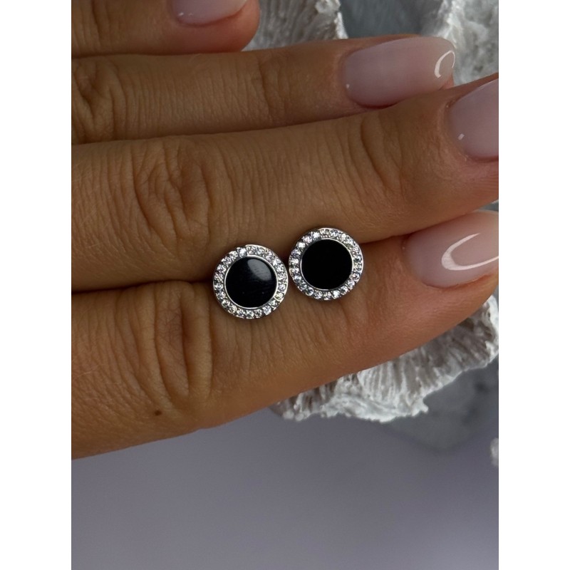 Elegant 925 Sterling Silver Onyx & CZ Stud Earrings Length 0.40 Inch