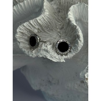 Elegant 925 Sterling Silver Onyx & CZ Stud Earrings Length 0.40 Inch