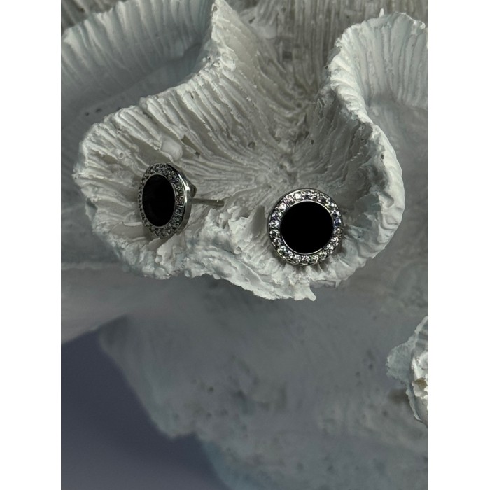 Elegant 925 Sterling Silver Onyx & CZ Stud Earrings Length 0.40 Inch
