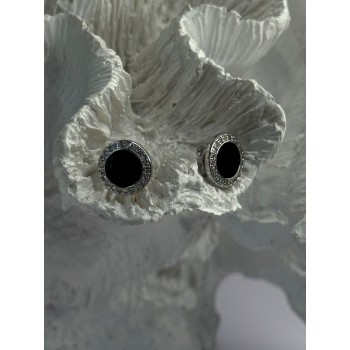 Elegant 925 Sterling Silver Onyx & CZ Stud Earrings Length 0.40 Inch