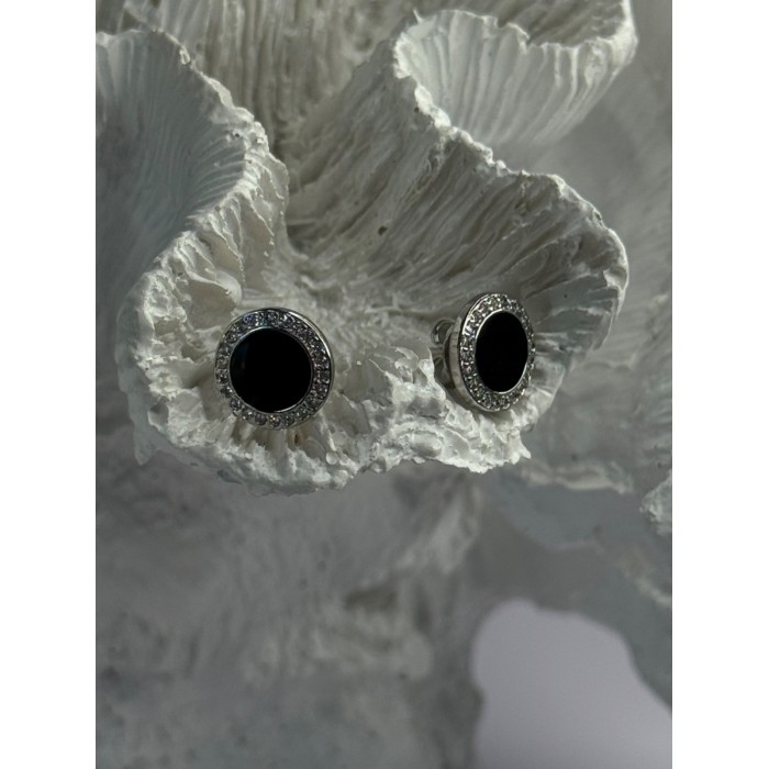 Elegant 925 Sterling Silver Onyx & CZ Stud Earrings Length 0.40 Inch