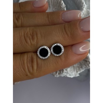 Elegant 925 Sterling Silver Onyx & CZ Stud Earrings Length 0.40 Inch