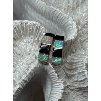 925 Sterling Silver Opal & Black Enamel Earrings Length 0.7 Inch