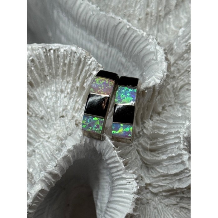 925 Sterling Silver Opal & Black Enamel Earrings Length 0.7 Inch