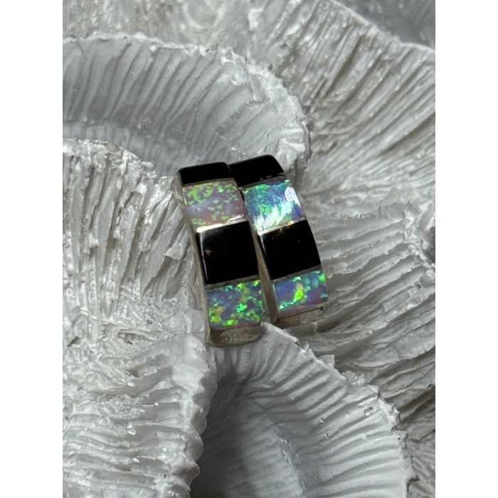 925 Sterling Silver Opal & Black Enamel Earrings Length 0.7 Inch