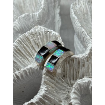 925 Sterling Silver Opal & Black Enamel Earrings Length 0.7 Inch