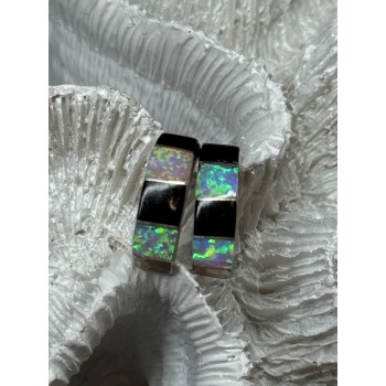 925 Sterling Silver Opal & Black Enamel Earrings Length 0.7 Inch