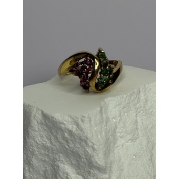 925 Sterling Silver Gold Plated Ruby & Emerald Ring Size 8