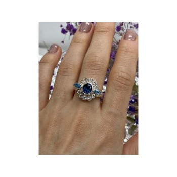 925 Sterling Silver Aquamarine & Goshenite Ring Size 9