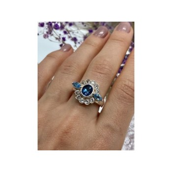 925 Sterling Silver Aquamarine & Goshenite Ring Size 9