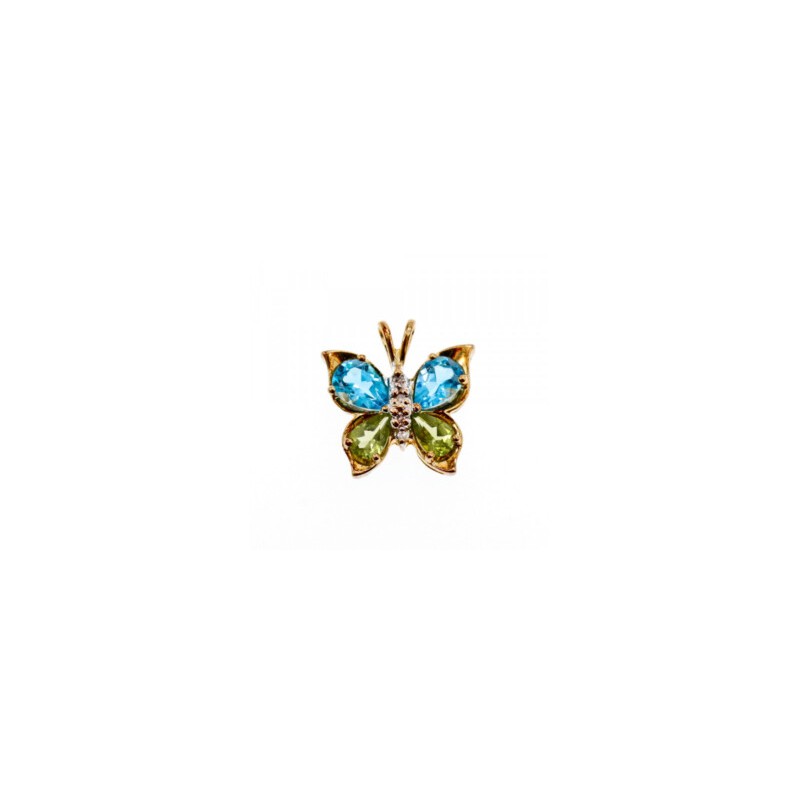 14K YELLOW GOLD TOPAZ, PERIDOT & DIAMONDS BUTTERFLY PENDANT