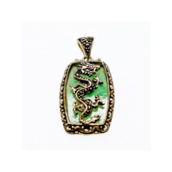 925 Sterling Silver Nephrite & Marcasites Dragon Pendant