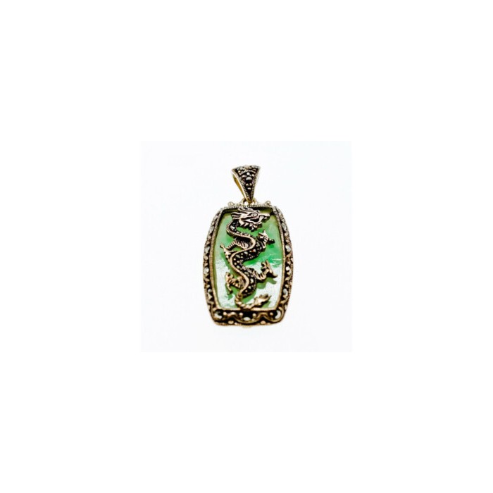 925 Sterling Silver Nephrite & Marcasites Dragon Pendant