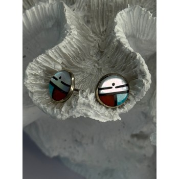 Vintage Native American 925 Sterling Silver Zuni Multi Gemstone Earrings