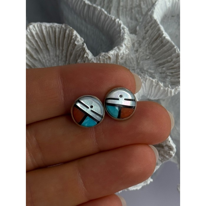 Vintage Native American 925 Sterling Silver Zuni Multi Gemstone Earrings