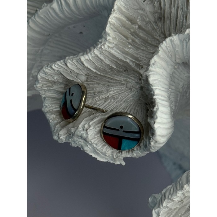 Vintage Native American 925 Sterling Silver Zuni Multi Gemstone Earrings