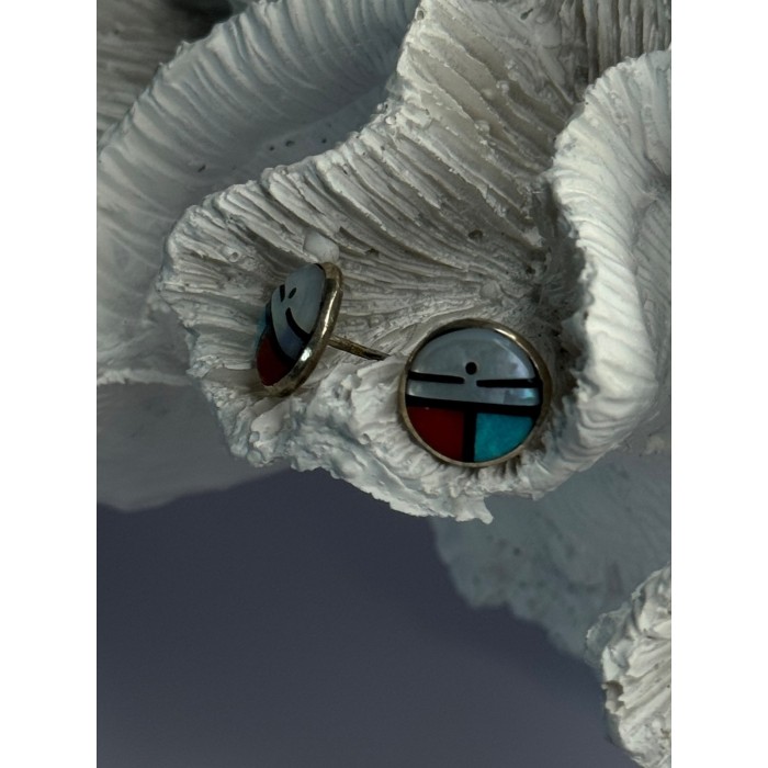 Vintage Native American 925 Sterling Silver Zuni Multi Gemstone Earrings