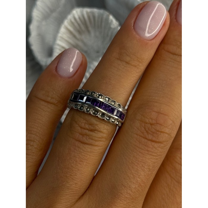 925 Sterling Silver Amethyst & Marcasite Ring Size 6