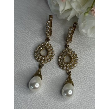 GOLD PLATED PEARL & CZ EARRINGS LENGTH 2.60 INCH