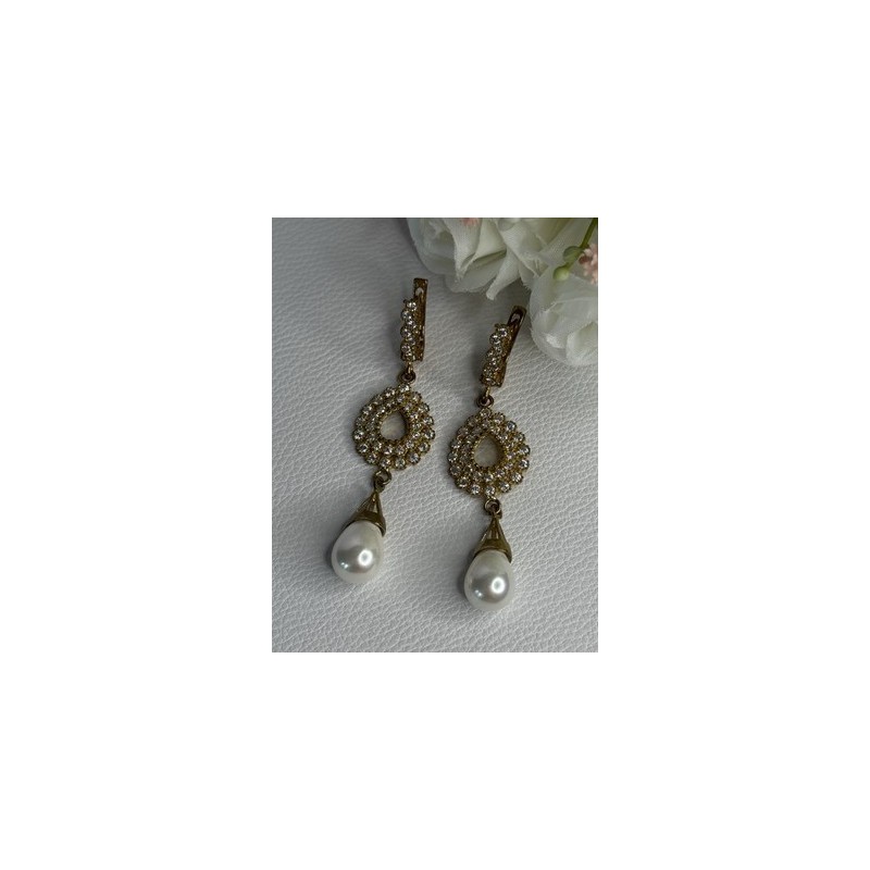 GOLD PLATED PEARL & CZ EARRINGS LENGTH 2.60 INCH