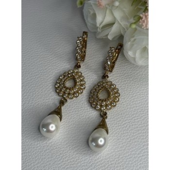 GOLD PLATED PEARL & CZ EARRINGS LENGTH 2.60 INCH