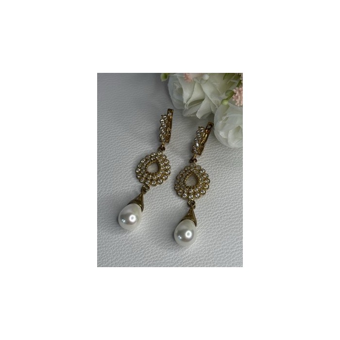 GOLD PLATED PEARL & CZ EARRINGS LENGTH 2.60 INCH