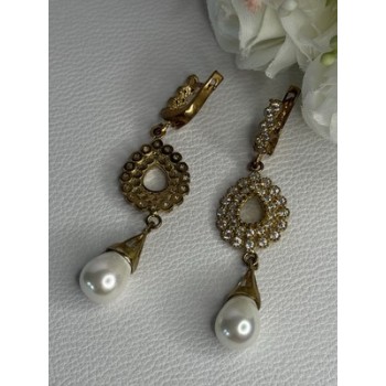 GOLD PLATED PEARL & CZ EARRINGS LENGTH 2.60 INCH