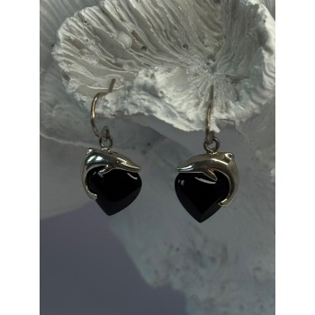 925 Sterling Silver Onyx Heart Dolphin Earrings Length 0.90 inch