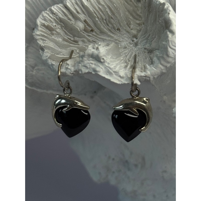 925 Sterling Silver Onyx Heart Dolphin Earrings Length 0.90 inch