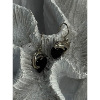 925 Sterling Silver Onyx Heart Dolphin Earrings Length 0.90 inch